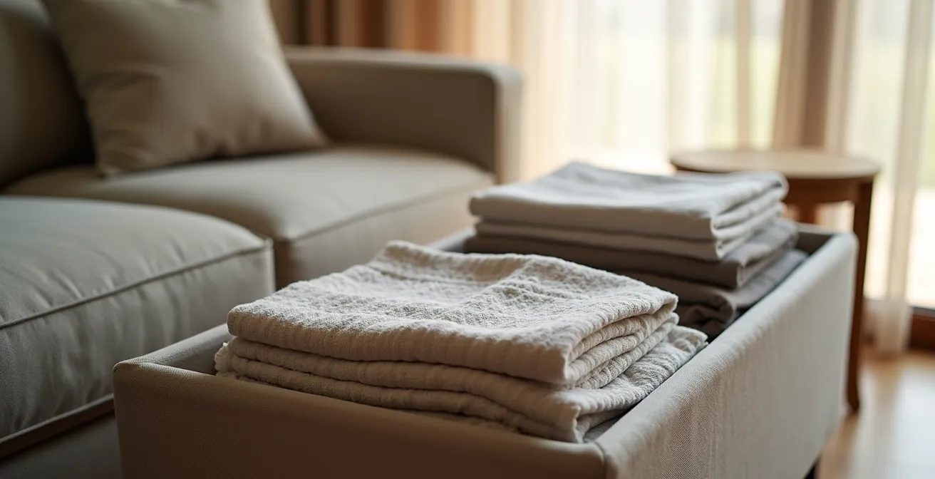 Coffre de rangement intégré sous un canapé convertible avec draps pliés