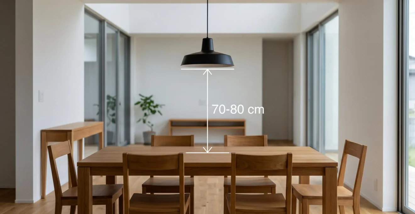 Salle à manger avec suspension au-dessus d'une table, lignes de mesure indiquant la hauteur recommandée de 70-80 cm