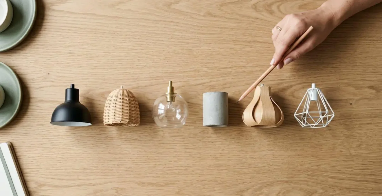 Vue de dessus d'une table en bois avec plusieurs modèles miniatures de suspensions de styles variés, une main pointant l'un des modèles avec un crayon