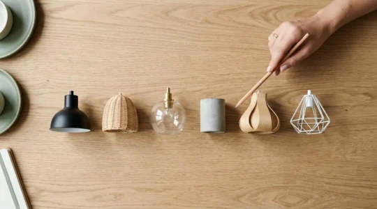 Vue de dessus d'une table en bois avec plusieurs modèles miniatures de suspensions de styles variés, une main pointant l'un des modèles avec un crayon