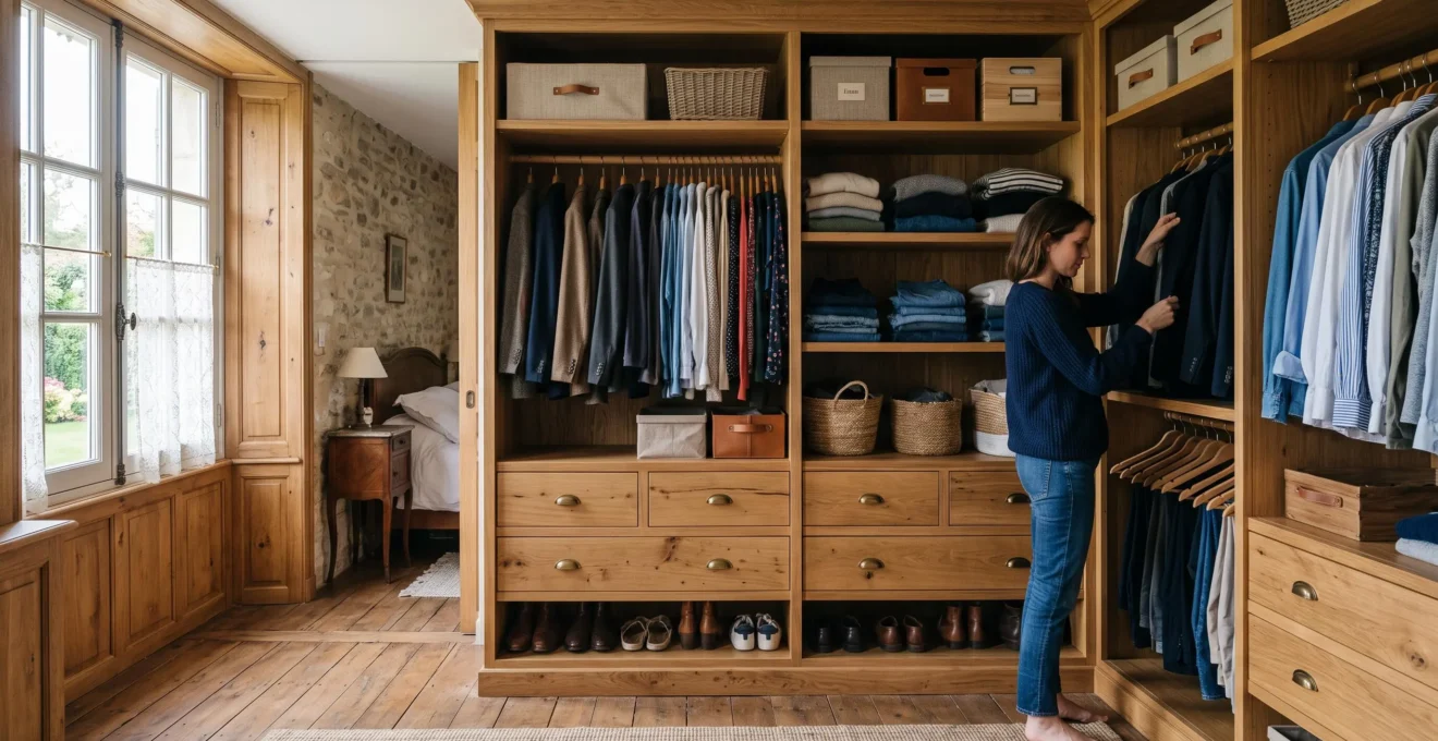 Une femme vérifie un dressing sur-mesure en bois clair dans une chambre parentale lumineuse.