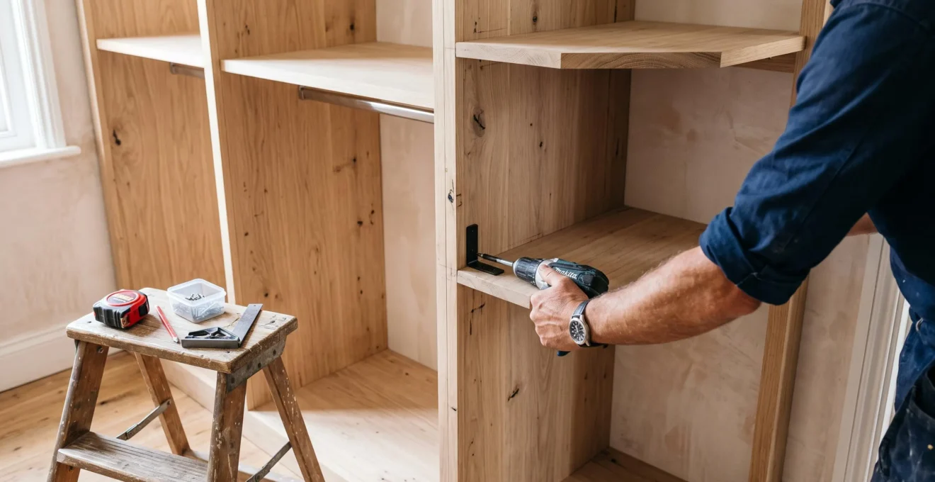 Un menuisier fixe une étagère d'angle dans un dressing en configuration en L.